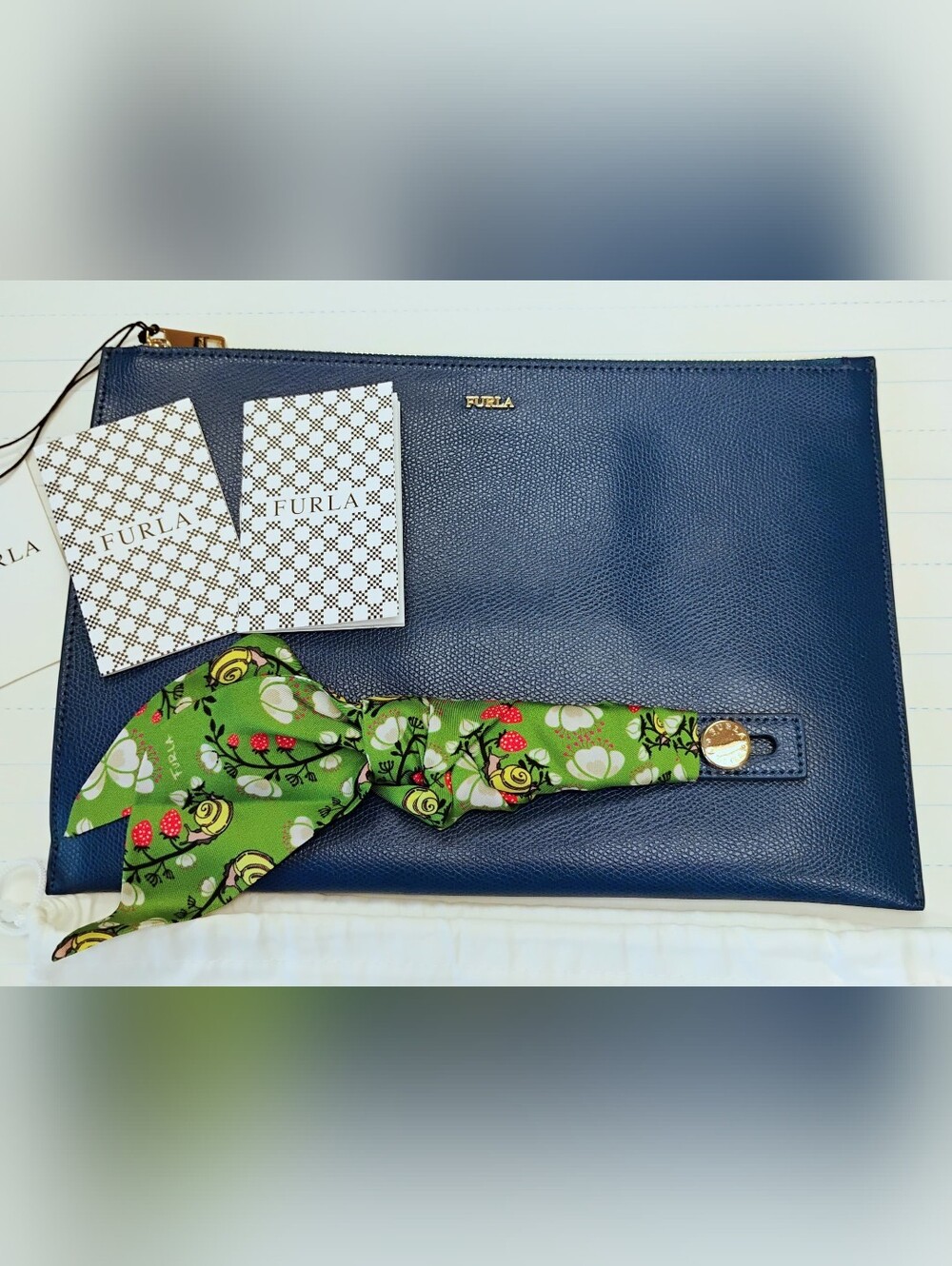NWT Furla Leather Clutch w/ Green Floral Scarf Accent GHW - Picture 10 of 13